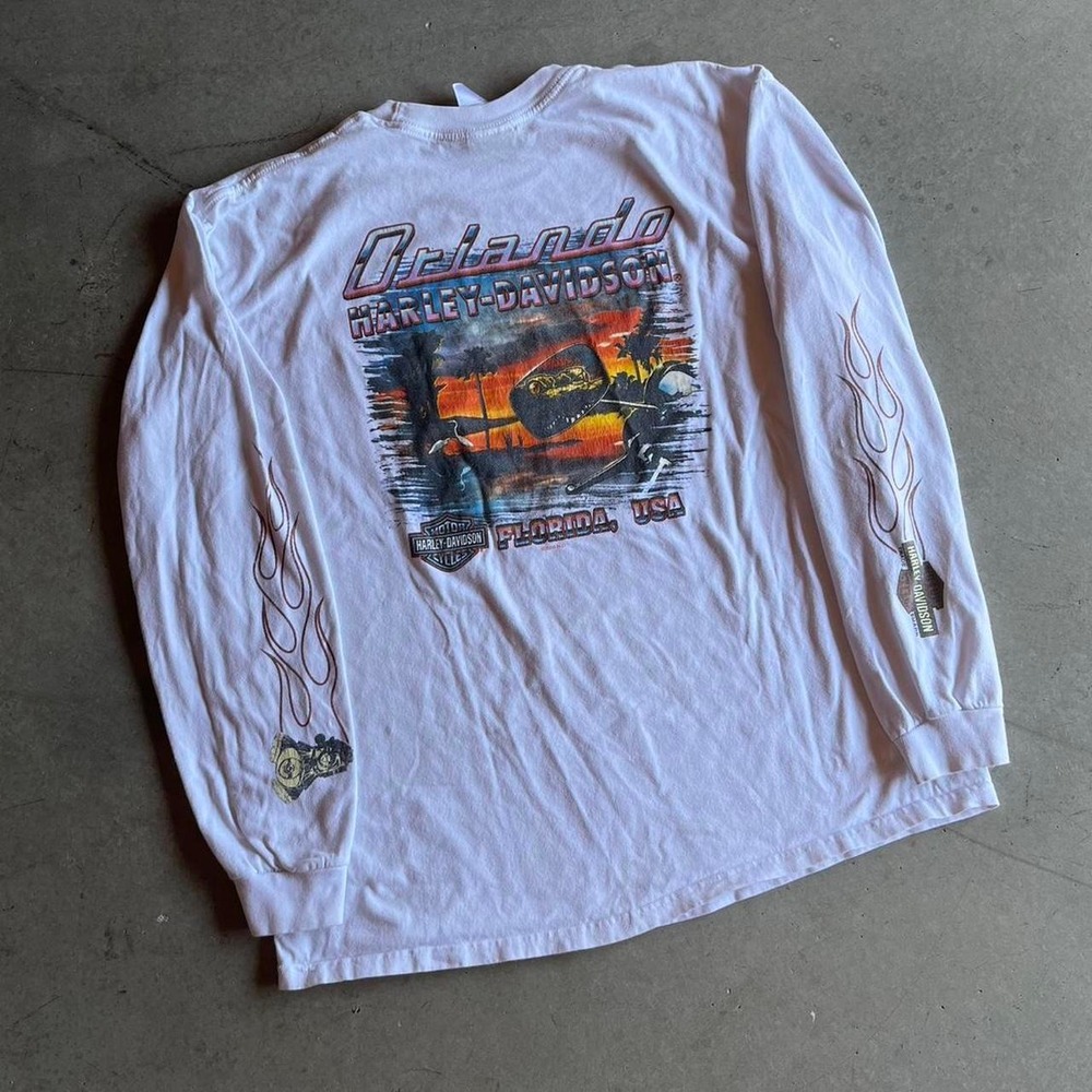 Harley Davidson Orlando Florida Long Sleeve T-Shirt White Flame Graphic Mens XL